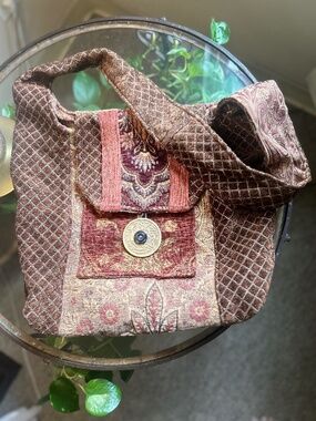 LARGE Boho Paisley Quilted Embroidered Shoulder Bag Brown Pink Snap Lined Brass